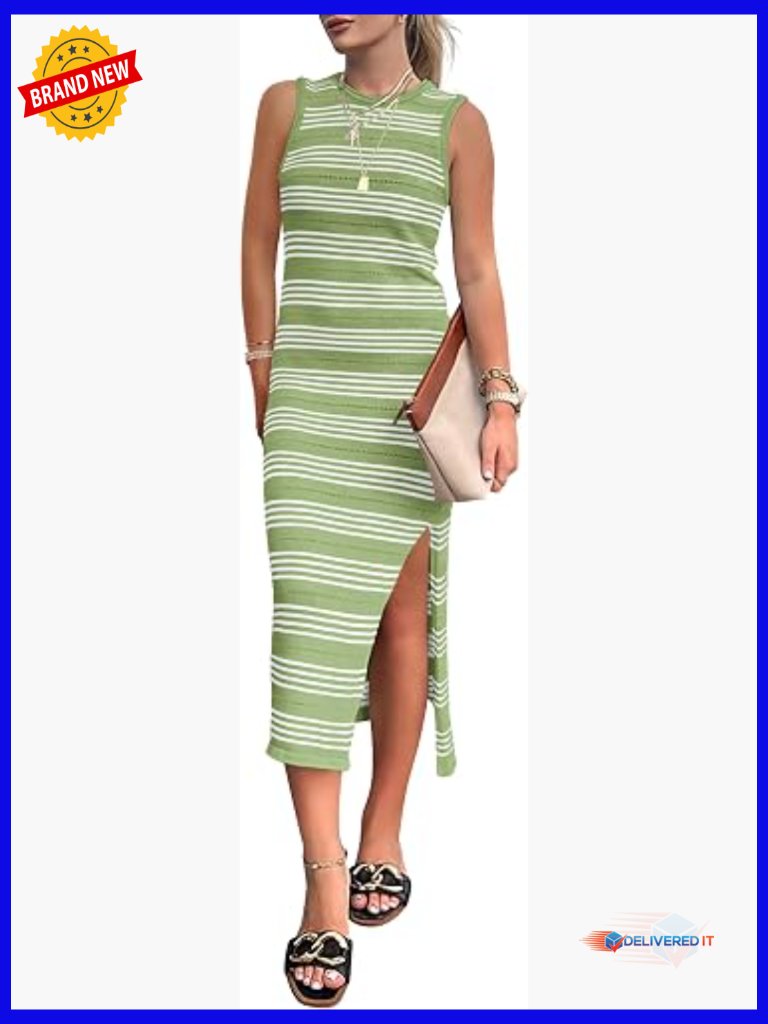 Sleeveless Knit Striped Midi Bodycon Dress With Side Slit